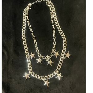 Two-Tiered Heavy Silver-Tone Chain Necklace with 8 Star Pendants - Adjustable